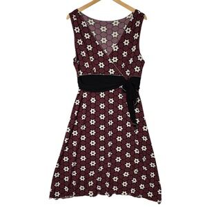 Vtg Sleeveless Wrap Midi Dress Geometric Mod Print Black Maroon Cream Size Large